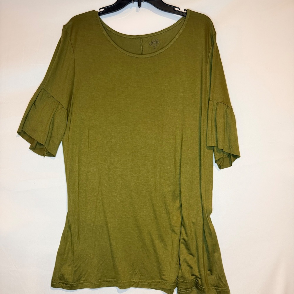 Tickled Teal Womens XL Olive Green Ruffle Short Sleeve Scoop Neck Top Blouse